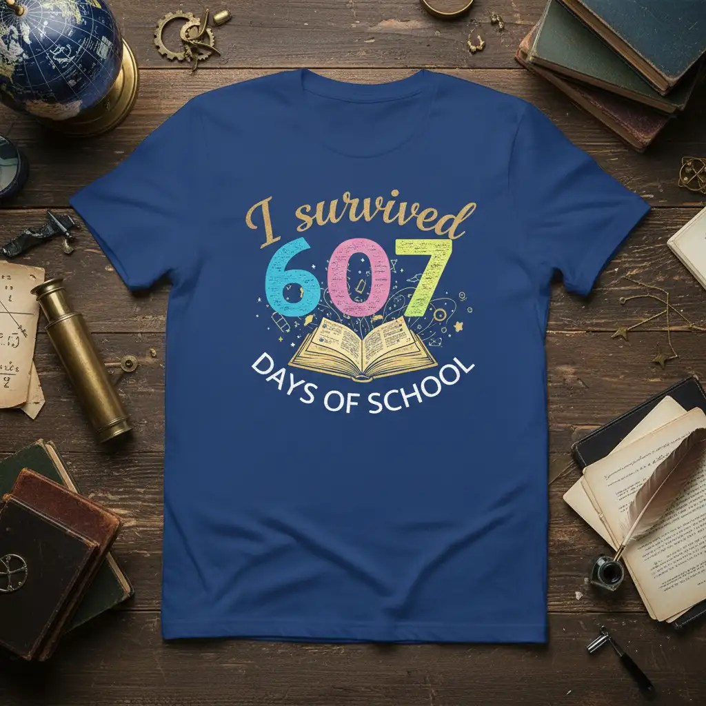 Colorful I survived 607 DAYS OF SCHOOL text and open book design on a blue t-shirt