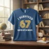 I SURVIVED 67 DAYS OF SCHOOL text design with numbers 67 made of school elements like books and pencils