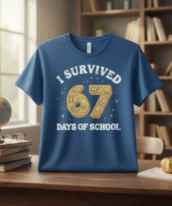 I SURVIVED 67 DAYS OF SCHOOL text design with numbers 67 made of school elements like books and pencils