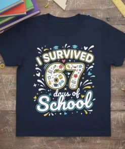I SURVIVED 67 days of School text with school icons and graduation caps on a navy blue t-shirt