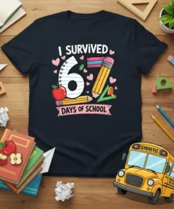 I SURVIVED 67 DAYS OF SCHOOL text with fun school-themed graphics including pencils, apples, and hearts on a navy t-shirt