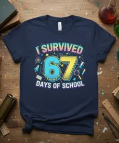 I SURVIVED 67 DAYS OF SCHOOL text with colorful numbers and school-themed graphics on a navy t-shirt