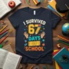 I SURVIVED 67 DAYS OF SCHOOL text design with a large pencil graphic and colorful stars on a navy t-shirt