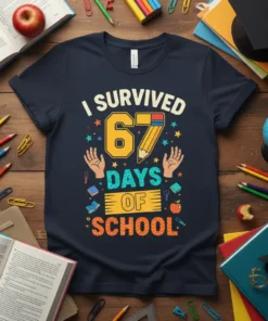I SURVIVED 67 DAYS OF SCHOOL text design with a large pencil graphic and colorful stars on a navy t-shirt