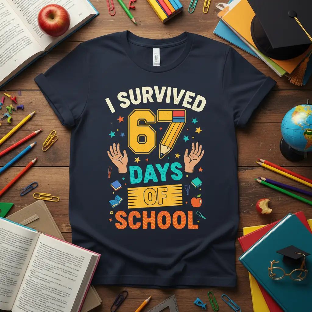 I SURVIVED 67 DAYS OF SCHOOL text design with large pencil graphic and school icons