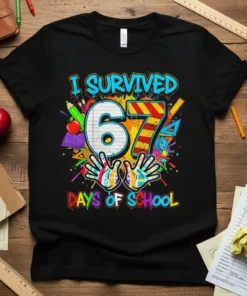 Black t-shirt with "I Survived 67 Days of School" text, colorful graphics, and handprints