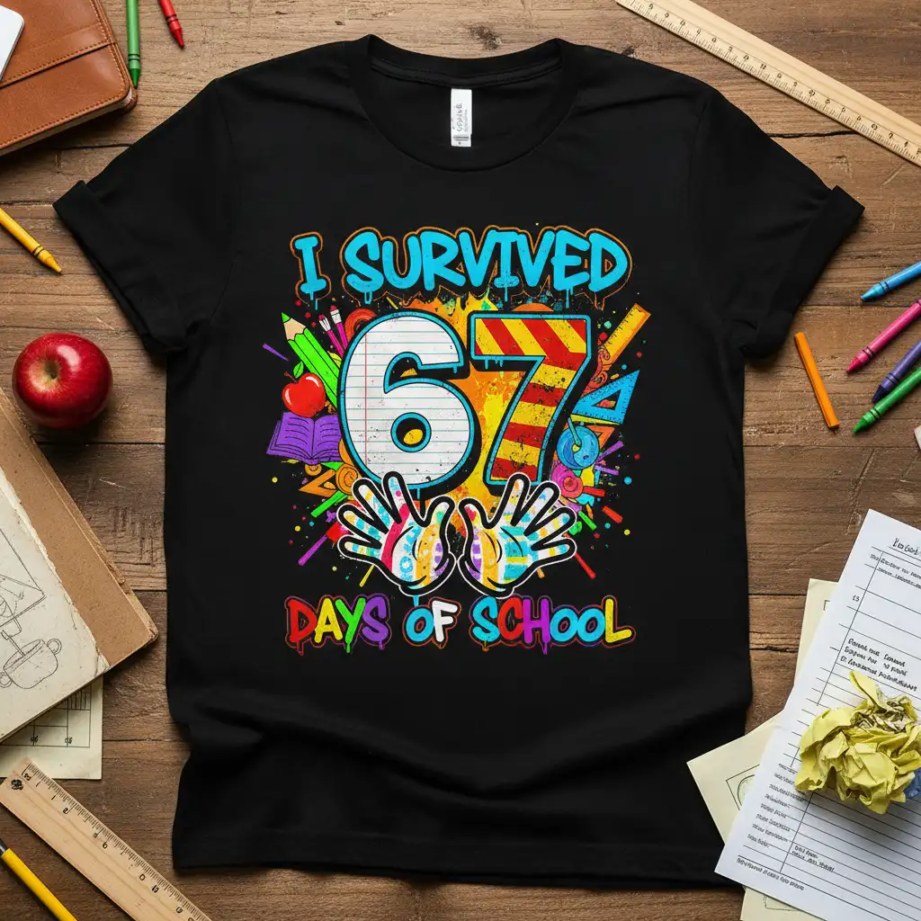 I Survived 67 Days of School quote with colorful school graphics and handprints on a black tee