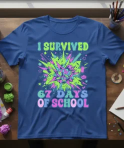 I SURVIVED 67 DAYS OF SCHOOL text with a colorful explosion graphic featuring school supplies on a blue t-shirt