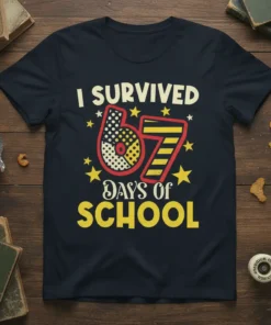 I Survived 67 Days Of School text design with colorful numbers and stars, perfect for students and teachers