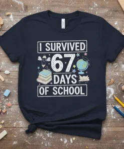 I Survived 67 Days Of School text with stacked books, globe, and winged pencil graphic on a navy t-shirt