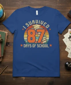 I SURVIVED 87 DAYS OF SCHOOL text with graduation cap and stack of books graphic on a blue t-shirt