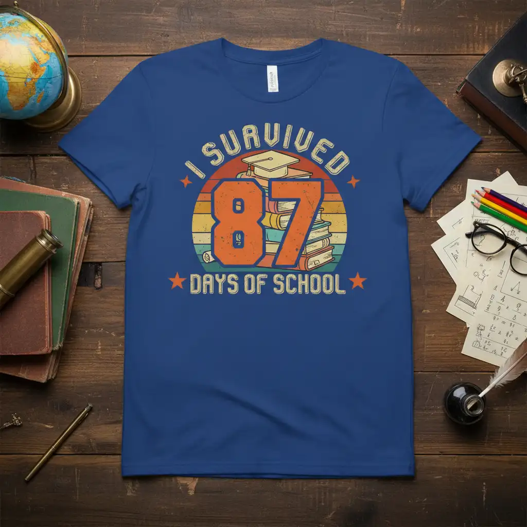 I SURVIVED 87 DAYS OF SCHOOL quote design with graduation cap and books illustration