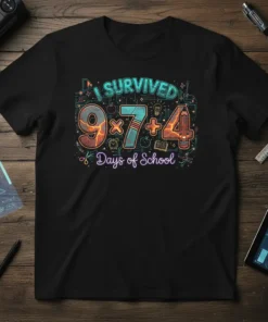 I SURVIVED 9x7+4 Days of School T-Shirt design with colorful math equations and school supplies graphics