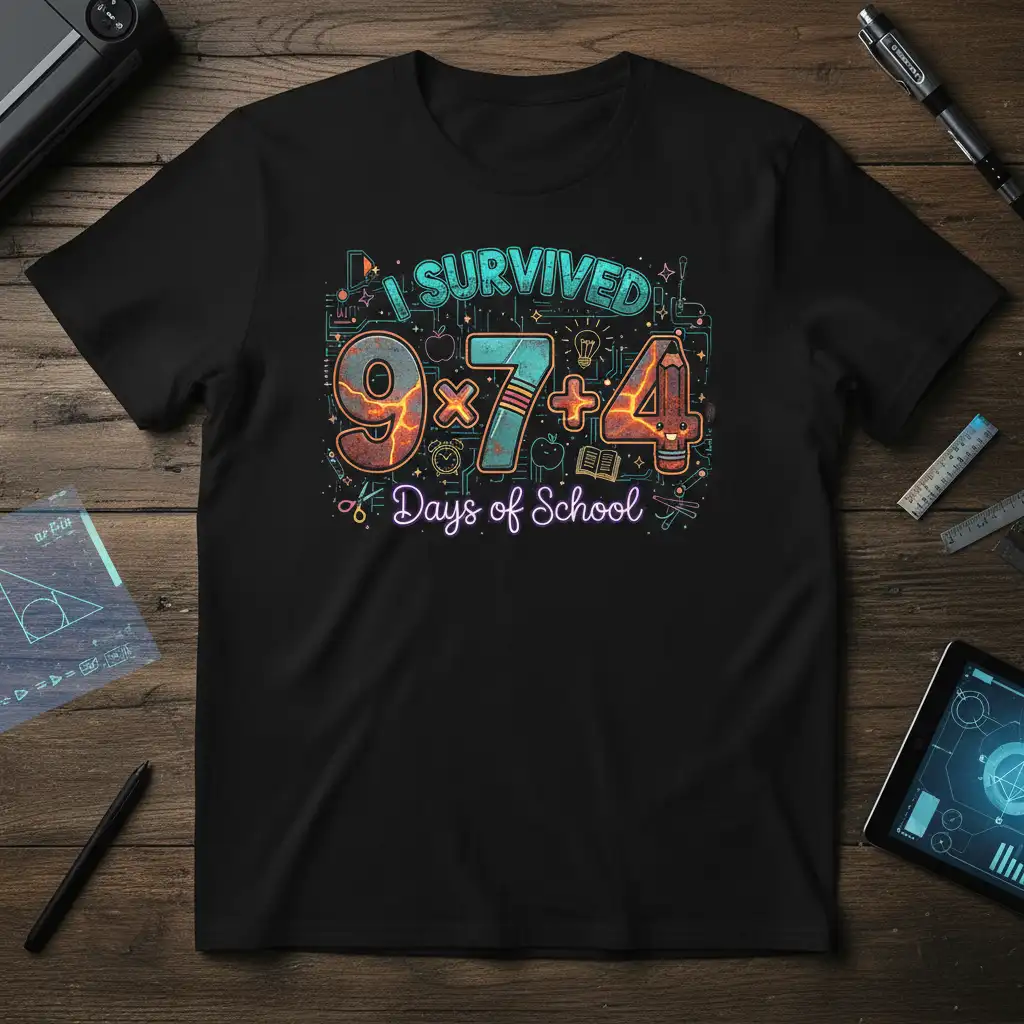 I SURVIVED 9x7+4 Days of School quote with playful math graphics on a black t-shirt