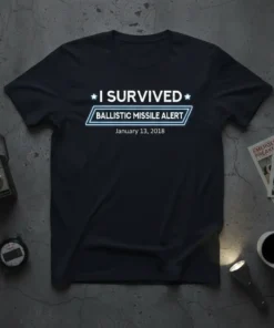Black t-shirt with white text "I SURVIVED BALLISTIC MISSILE ALERT January 13, 2018" design