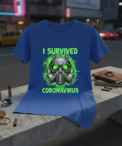 I Survived Coronavirus text with a detailed gas mask graphic in neon green and grey on a blue t-shirt