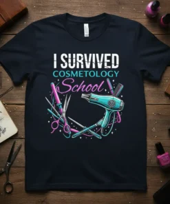 I Survived Cosmetology School t-shirt design with hairdryer, scissors, combs, and curling iron graphic