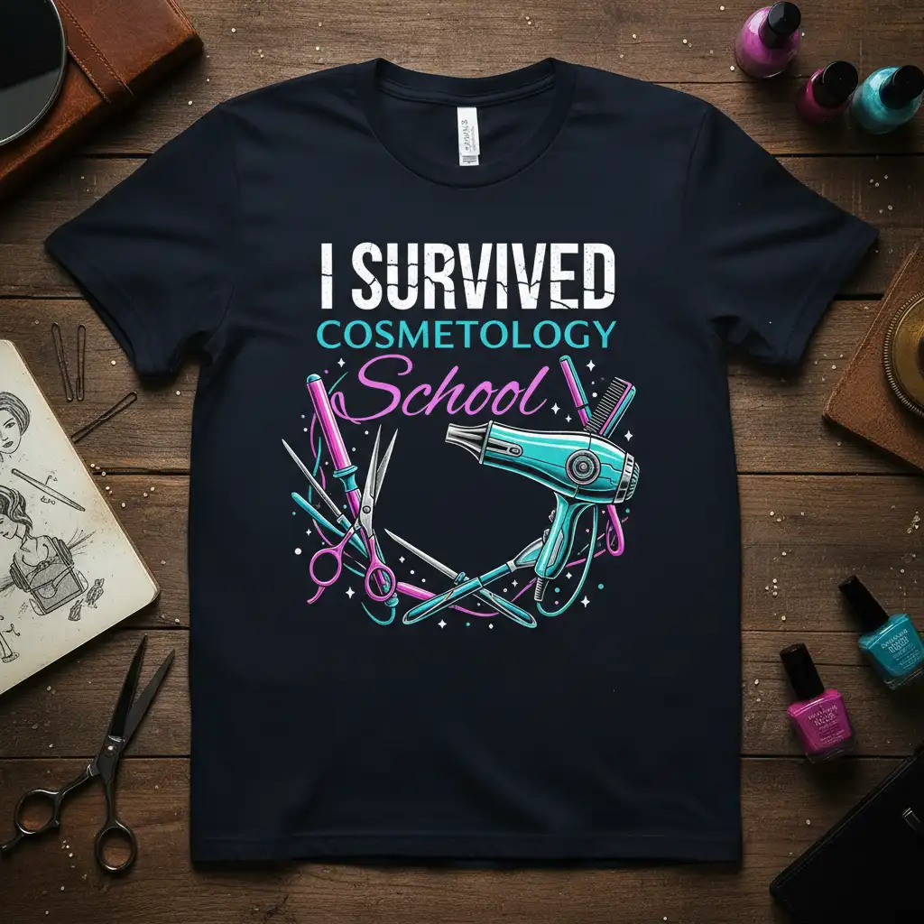I Survived Cosmetology School quote with hair salon tools graphic on dark t-shirt