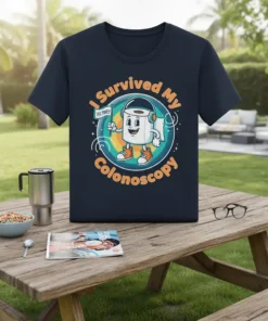 I Survived My Colonoscopy t-shirt with a cartoon toilet paper character holding a victory flag