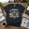 T-shirt with text "I Survived My Daughter's Nursing Degree" featuring books, clock, and caduceus symbol