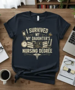 T-shirt with text "I Survived My Daughter's Nursing Degree" featuring books, clock, and caduceus symbol