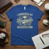 I Survived My Husband's Dissertation t-shirt with graduation cap and laurel wreath graphic
