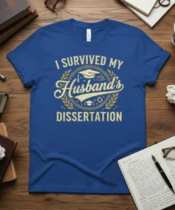 I Survived My Husband's Dissertation t-shirt with graduation cap and laurel wreath graphic