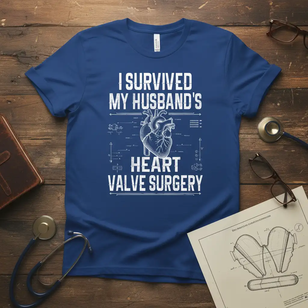 I Survived My Husband's Heart Valve Surgery quote with anatomical heart diagram on a blue t-shirt
