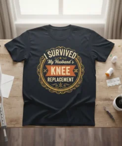 T-shirt featuring the text "I Survived My Husband's Knee Replacement" in a decorative circular design