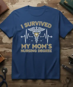 I SURVIVED MY MOM'S NURSING DEGREE text with Caduceus and heartbeat graphic on navy t-shirt