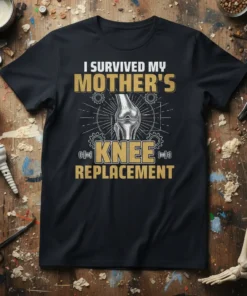 I Survived My Mother's Knee Replacement text with knee graphic on black t-shirt