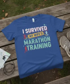 Blue t-shirt with the text "I SURVIVED MY WIFE'S MARATHON TRAINING" in white and teal, featuring running graphics