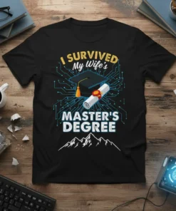 I Survived My Wife's Master's Degree humorous quote t-shirt with graduation cap and diploma graphic