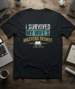 I Survived My Wife's Masters Degree t-shirt with distressed text and an open book graphic