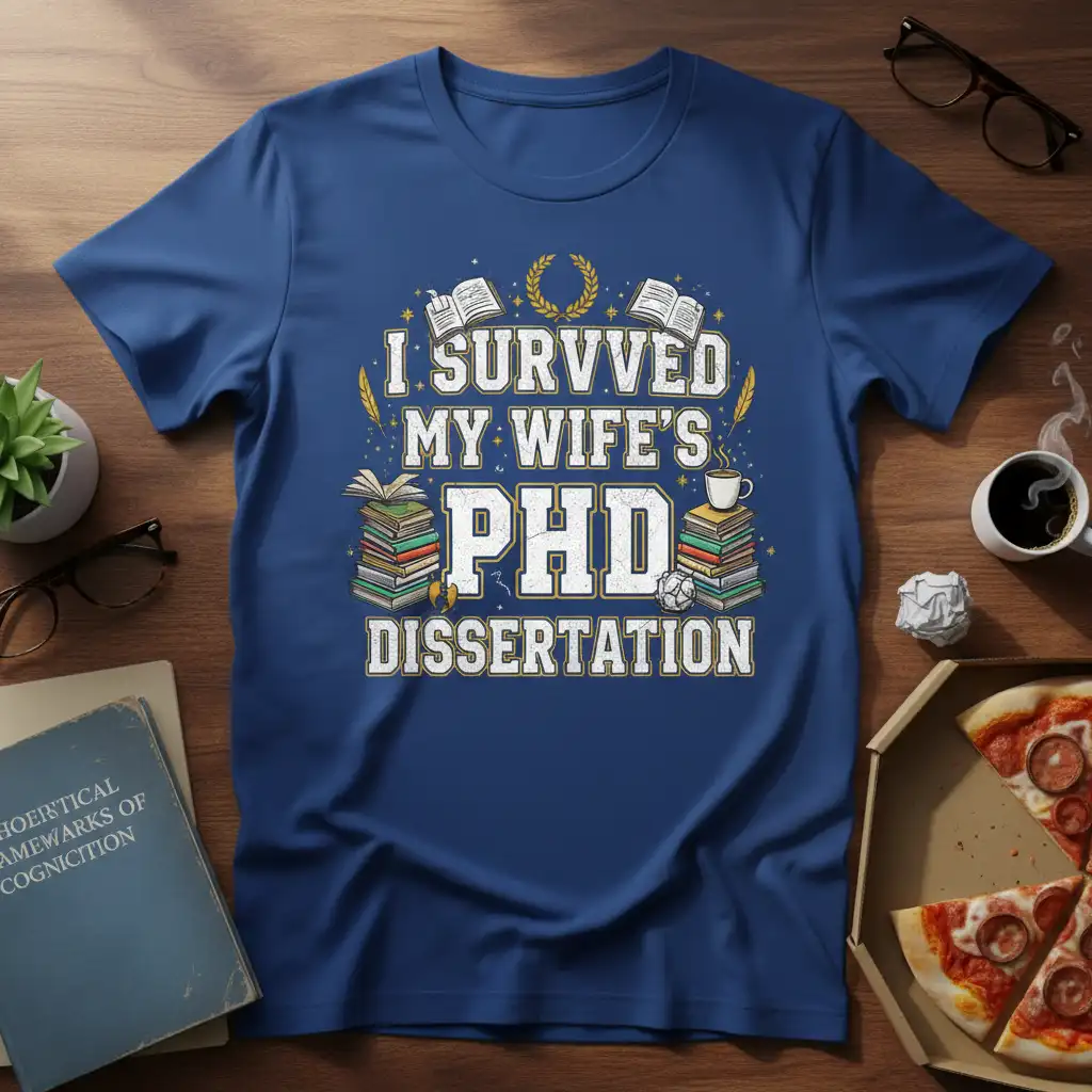 I Survived My Wife's PhD Dissertation quote on a blue t-shirt with academic graphics