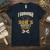 I Survived Son's Master's Degree graduation t-shirt with mortarboard and diploma graphics