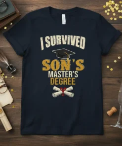 I Survived Son's Master's Degree graduation t-shirt with mortarboard and diploma graphics