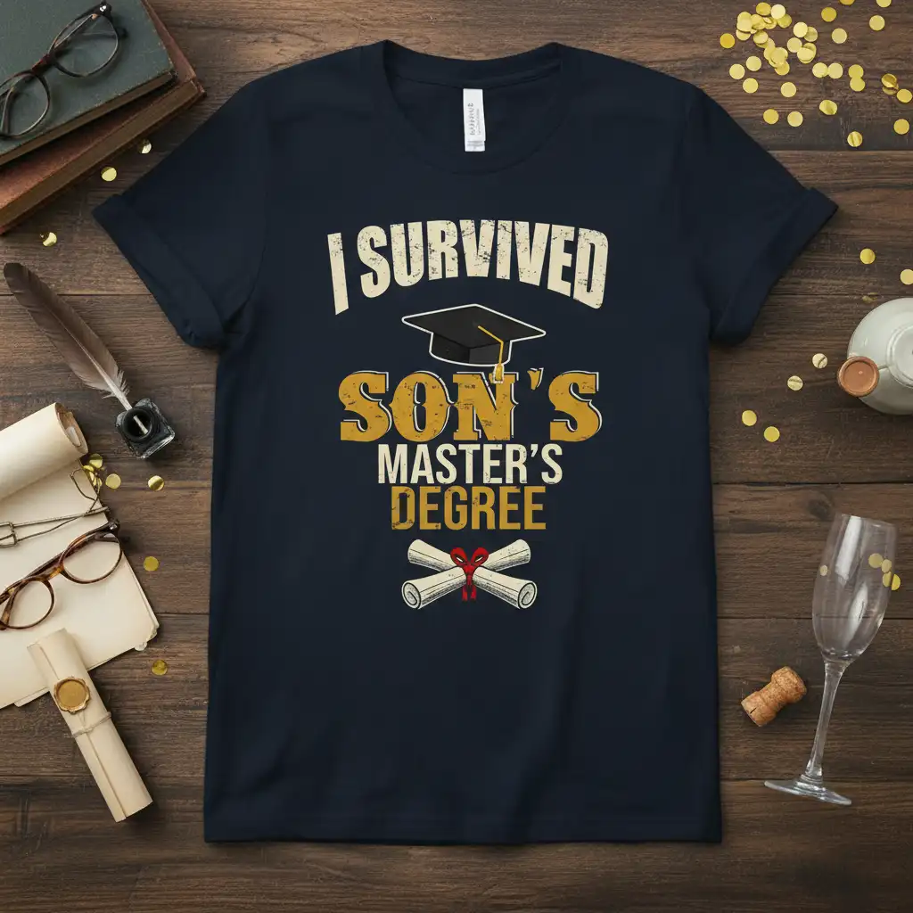 I Survived Son's Master's Degree graduation t-shirt with distressed text and academic icons