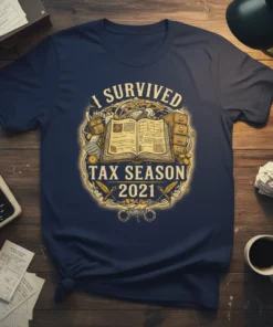 I SURVIVED TAX SEASON 2021 text with an open book graphic and tax-related icons on a navy t-shirt
