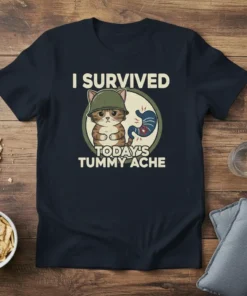 I SURVIVED TODAY'S TUMMY ACHE text with a cartoon cat in a helmet and a stomach graphic, on a navy