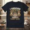 I Survived Today's Tummy Ache cat t-shirt with a cat wearing a helmet and tanks, humorous pet design