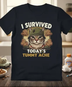 I Survived Today's Tummy Ache cat t-shirt with a cat wearing a helmet and tanks, humorous pet design