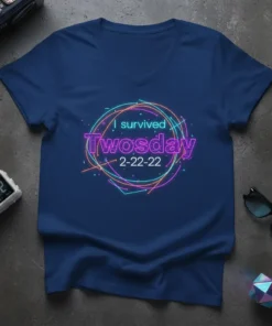 Navy blue v-neck t-shirt with neon text that reads "I survived Twosday 2-22-22" in a circular design