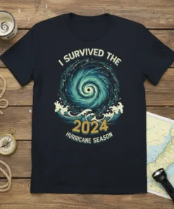 I Survived The 2024 Hurricane Season t-shirt design with a large swirling hurricane graphic and ocean waves below