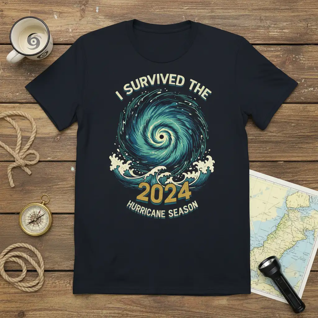 I Survived The 2024 Hurricane Season text art with swirling hurricane graphic and ocean waves