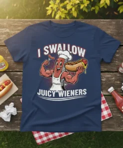 Funny t-shirt with text "I Swallow Juicy Wieners" featuring a cartoon hot dog character holding a hot dog and fork