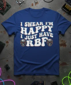 I Swear I'm Happy I Just Have RBF text design with skull graphics on a royal blue t-shirt