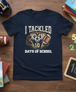 I Tackled 10 Days Of School t-shirt design with a football-playing raccoon mascot and the number 100
