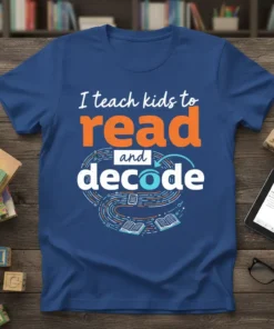 T-shirt with the text "I teach kids to read and decode" in orange and white, featuring graphic elements of books