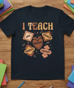 I TEACH LOVE BRAVERY STRENGTH EQUALITY EQUALITY text design on a dark navy t-shirt, featuring vintage-style typography and educational icons